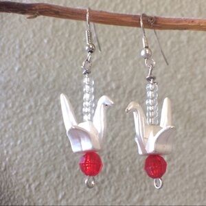 Oragami Crane Earrings with Red & Silvertone Accent Beads Handcrafted